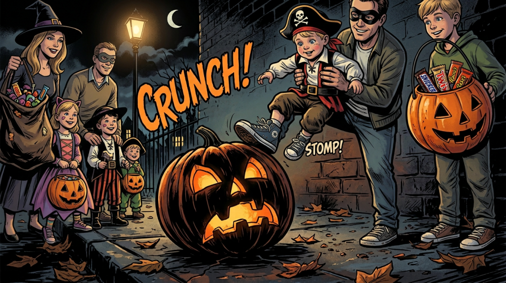 Halloween comic scene with trick-or-treaters, pumpkins, and “CRUNCH!” and “STOMP!” lettering